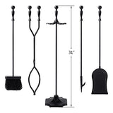 Amagabeli 5 Pcs Fireplace Tools Sets Black Handle Wrought Iron Large Fire Tool Set and Holder Outdoor Fireset Fire Pit Stand Indoor Rustic Tongs Shovel Antique Brush Chimney Poker Wood Accessories Kit