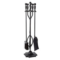 Amagabeli 5 Pcs Fireplace Tools Sets Black Handle Wrought Iron Large Fire Tool Set and Holder Outdoor Fireset Fire Pit Stand Indoor Rustic Tongs Shovel Antique Brush Chimney Poker Wood Accessories Kit