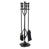 Amagabeli 5 Pcs Fireplace Tools Sets Black Handle Wrought Iron Large Fire Tool Set and Holder Outdoor Fireset Fire Pit Stand Indoor Rustic Tongs Shovel Antique Brush Chimney Poker Wood Accessories Kit