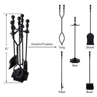 Amagabeli 5 Pcs Fireplace Tools Sets Black Handle Wrought Iron Large Fire Tool Set and Holder Outdoor Fireset Fire Pit Stand Indoor Rustic Tongs Shovel Antique Brush Chimney Poker Wood Accessories Kit