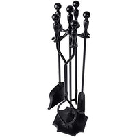 Amagabeli 5 Pcs Fireplace Tools Sets Black Handle Wrought Iron Large Fire Tool Set and Holder Outdoor Fireset Fire Pit Stand Indoor Rustic Tongs Shovel Antique Brush Chimney Poker Wood Accessories Kit