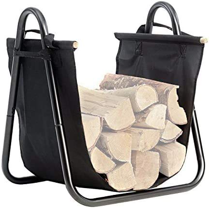 Amagabeli Fireplace Log Holder with Canvas Firewood Rack Indoor Tote Carrier Metal Wood Rack Black Firewood Holders Storage Heavy Duty Logs Stacker Basket with Handles Kindling Large Stove Accessories