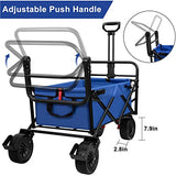 BEAU JARDIN Folding Wagon Cart with Brakes Free Standing Collapsible Utility Camping Grocery Canvas Fabric Sturdy Portable Rolling Buggies Outdoor Garden Sport Heavy Duty Shopping Cart Push Wagon Blue