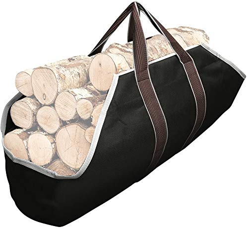 Amagabeli Large Canvas Firewood Carrier Log Tote Bag Indoor Fireplace Log Carrier Holders Woodpile Rack Fire Wood Carrying Outdoor Tubular Birchwood Stand by Hearth Stove Tools Set Basket Black