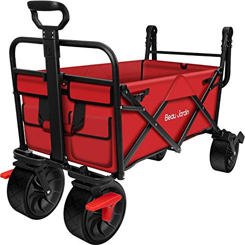 BEAU JARDIN Folding Wagon Cart with Brakes Free Standing Collapsible Utility Camping Grocery Canvas Fabric Sturdy Portable Rolling Buggies Outdoor Garden Sport Heavy Duty Shopping Cart Push Wagons Red