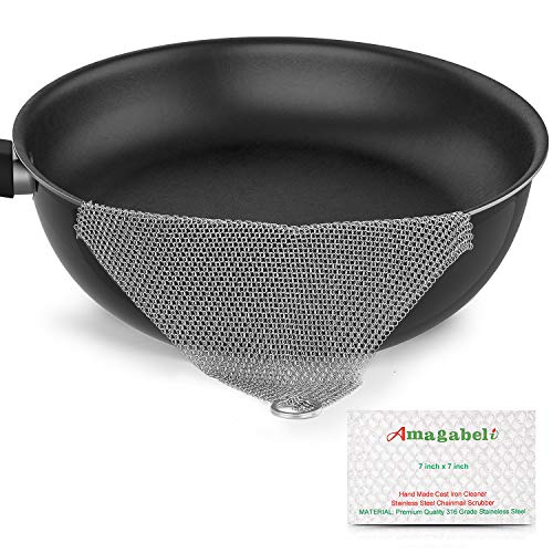 Amagabeli 7”x7” Cast Iron Cleaner Mesh Premium 316 Stainless Steel Small Rings with 3.8mm Opening Chainmail Scrubber for Cast Iron Pans Pre-Seasoned Pan Dutch Oven Waffle Iron Pans Skillet Cleaner