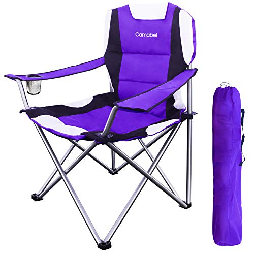 Camabel Folding Adult Camping Chairs Hold Up 400lbs Extra Large Outdoor Lawn Chair Padded Sports Chair Lightweight Chairs for Beach Hiking Fishing BBQ Spectator with Cup Holder and Storage Bag Purple