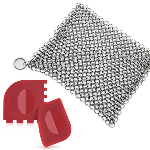 Amagabeli Stainless Steel Cast Iron Cleaner 8”x6” 316L Chainmail Scrubber Pan Scraper Cookware Accessories Pan Dutch Ovens Polycarbonate Skillet Scraper Pot Grill Brush Seasoning Cleaning Tools Set