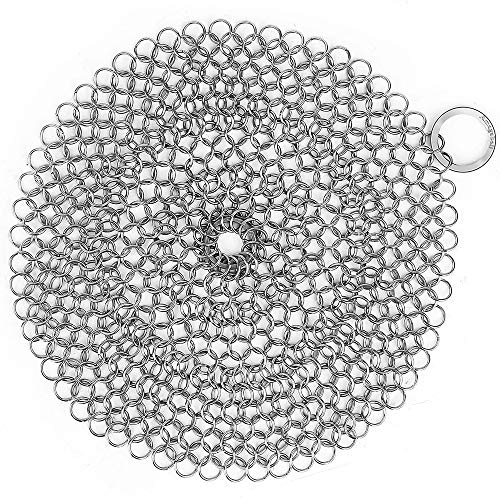 Amagabeli 8”x8” 316 Stainless Steel Cast Iron Cleaner Round Chainmail Scrubber for Cast Iron Pan Skillet Cleaner for Dishes Glass Pre-Seasoned Cast Iron Pot Seasoning Protection Cookware Accessories