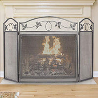 Amagabeli Indoor Fireplace Screen 3 Panel Pewter Wrought Iron Large Screen Outdoor Metal Decorative Mesh Cover Solid Fire Place Fence Leaf Design Steel Spark Guard Fireplace Panels