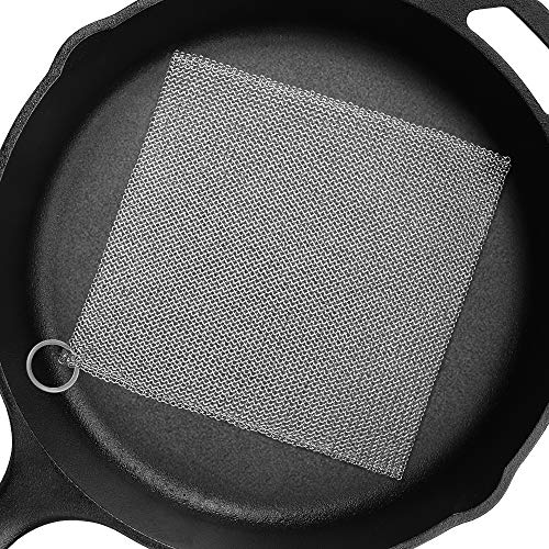 Amagabeli 8”x8” Cast Iron Cleaner Mesh Premium 316 Stainless Steel Small Rings with 3.8mm Opening Chainmail Scrubber for Cast Iron Pans Pre-Seasoned Pan Dutch Oven Waffle Iron Pans Skillet Cleaner